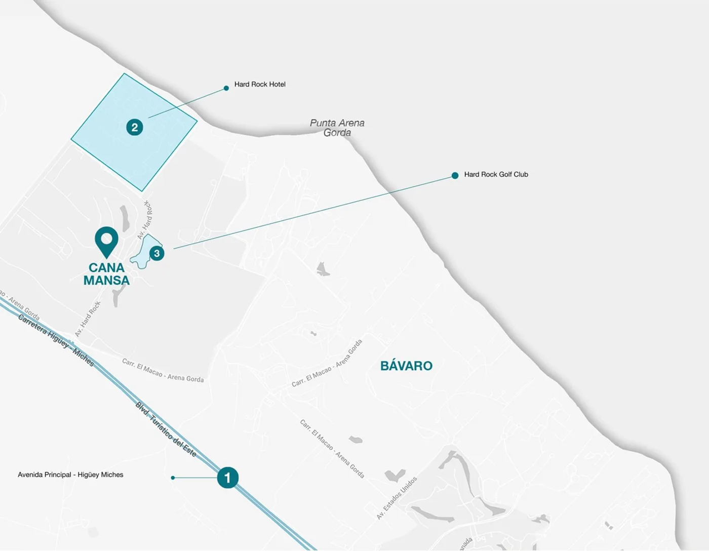 Mapa de Cana Mansa junto al Hard Rock Golf Club en Bávaro
