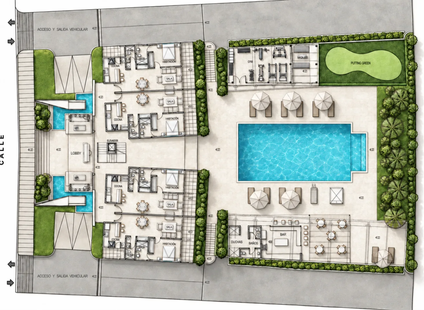 Masterplan del primer nivel de Cana Mansa: lobby, piscina, pool bar, gimnasio y putting green